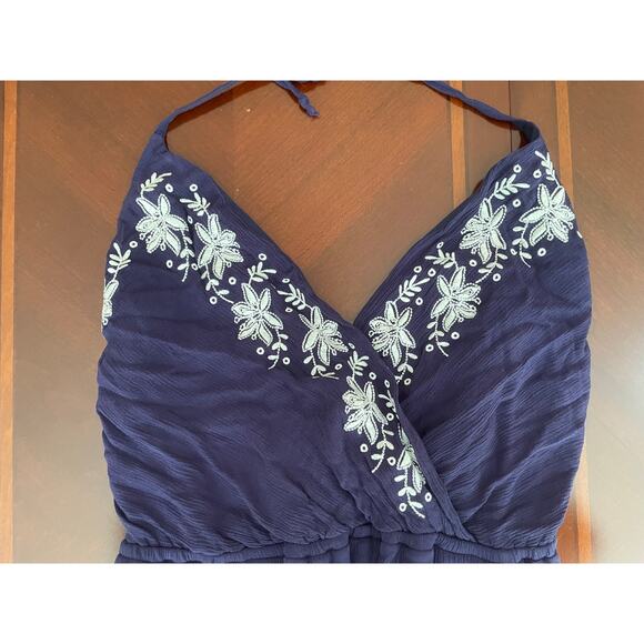 Love, Fire Romper Womens Large Floral Embroidered Stretch Navy Blue Pockets - Picture 2 of 10